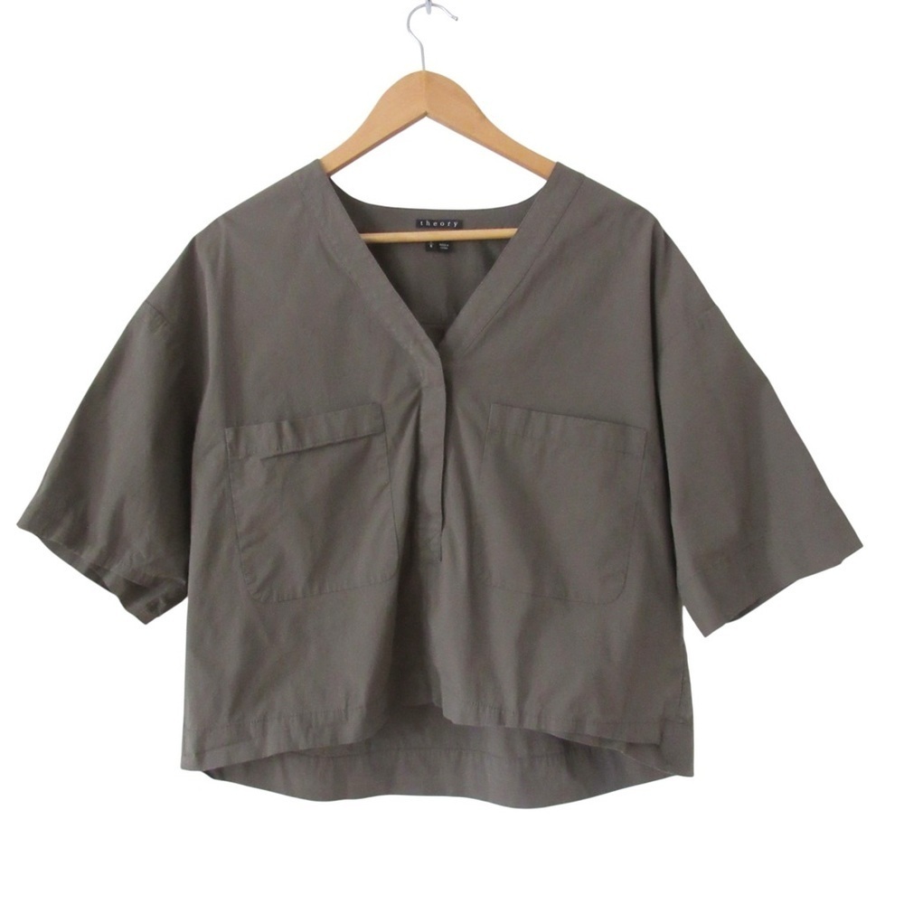 Theory Green Risatanee Top Blouse Large Poplin Cropped Boxy Half Sleeves V-Neck